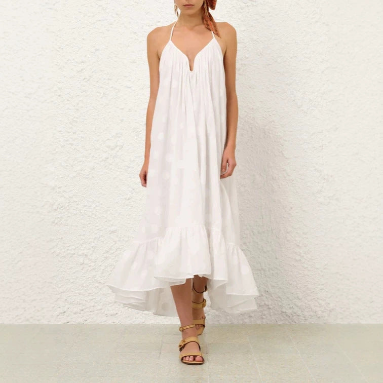 2026 new cross-border women's white flowing camisole vacation V-neck sleeveless wide truffle back jumpsuit dress from Europe and America