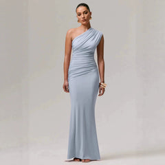 2026 New Cross border Women's Clothing French Gentle Style Single Shoulder Slant Shoulder Folded Waist Fish Tail Holiday Dress from Europe and America