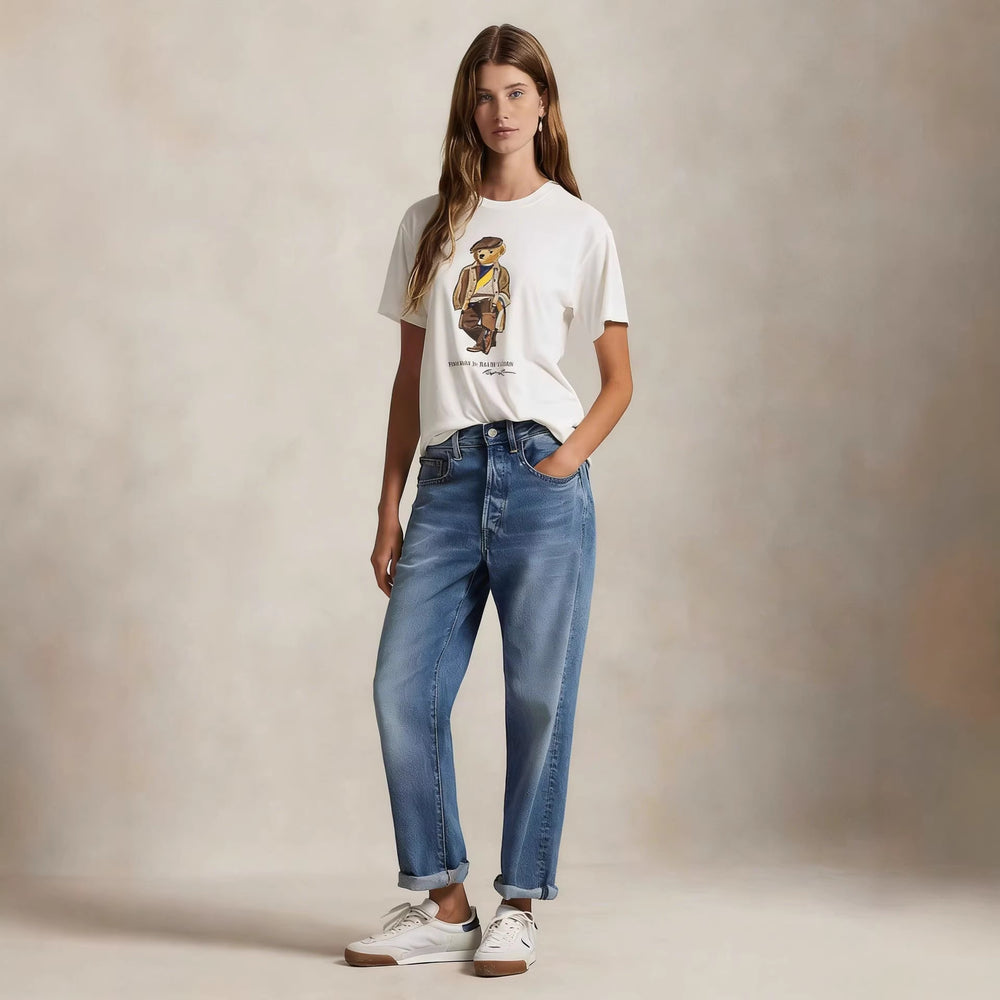 European and American Cross border 2026 Summer Cross border Women's Fashion New Casual Bear Printed Round Neck T-shirt Short Sleeve Top