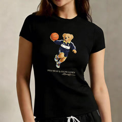 European and American Cross border 2026 Summer Cross border Women's Fashion New Casual Bear Printed Round Neck T-shirt Short Sleeve Top