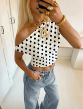 2026 European and American Cross border Summer Fashion New Women's Top, AliExpress Personalized Wave Point Slant Shoulder Exposed Umbili Short Top
