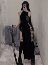 Hanging neck cut out dress slimming spicy girl long dress hanging neck hollow double slit dress for women