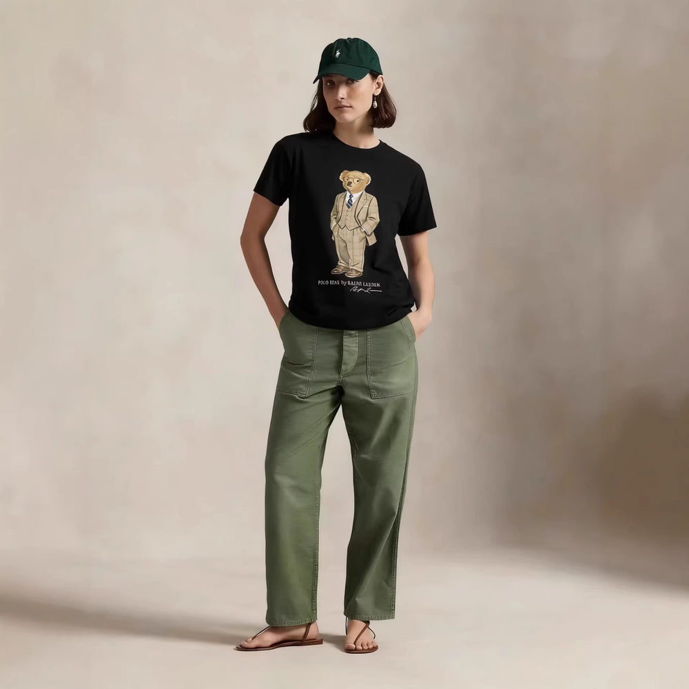 European and American Cross border 2026 Summer Cross border Women's Fashion New Casual Bear Printed Round Neck T-shirt Short Sleeve Top