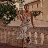 Pleated skirt suspender dress with polka dots, slim fit, pleated hem, suspender dress
