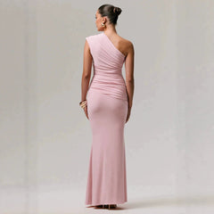 2026 New Cross border Women's Clothing French Gentle Style Single Shoulder Slant Shoulder Folded Waist Fish Tail Holiday Dress from Europe and America