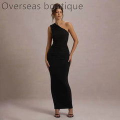 Slanted Shoulder Dress with Folded Diagonal Shoulders, Slimming and Waist cinching Evening Dress for Women