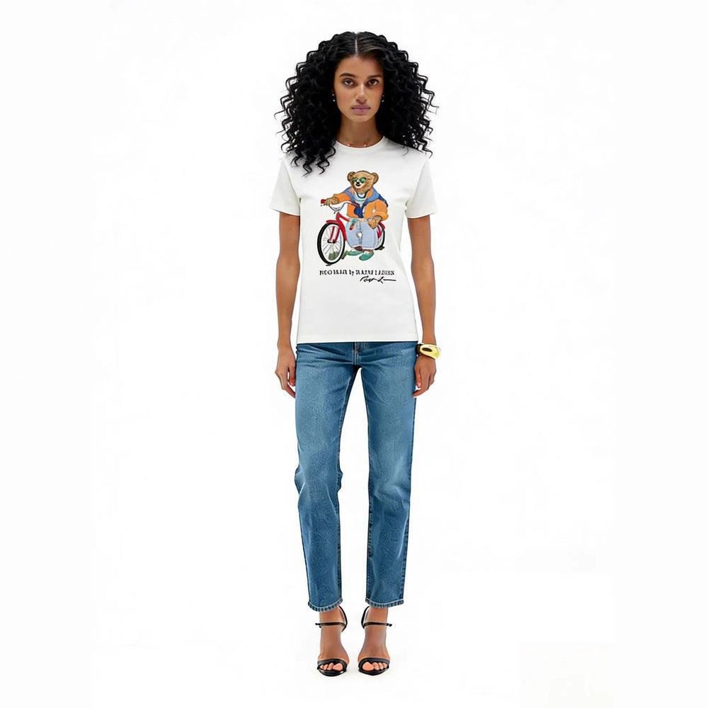 European and American Cross border 2026 Summer Cross border Women's Fashion New Casual Bear Printed Round Neck T-shirt Short Sleeve Top