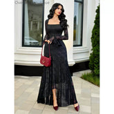 Irregular hemline slim fit dress with mesh jacquard square collar and irregular skirt