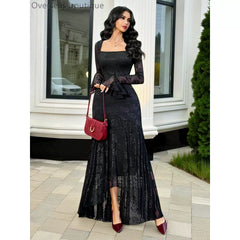 Irregular hemline slim fit dress with mesh jacquard square collar and irregular skirt