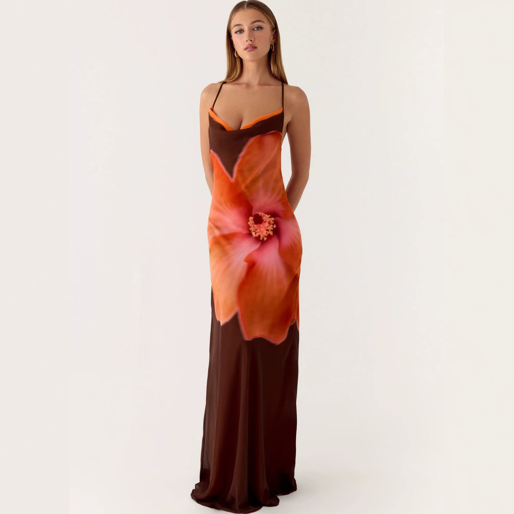 2026 New Cross border Women's Fashion Strap Hanging Neck Printed Waist slimming Trendy Dress Long Skirt from Europe and America