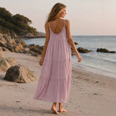 2026 New Cross border Women's Clothing French Fashion Seaside Vacation Style Strap Solid Color Midi Dress Long Skirt in Europe and America