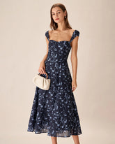 European and American 2026 new cross-border women's clothing French retro style light blue floral waist slimming mid length dress