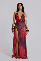 European and American 2026 new cross-border women's sexy spicy girl style blend dye hanging neck high slit waist slimming dress
