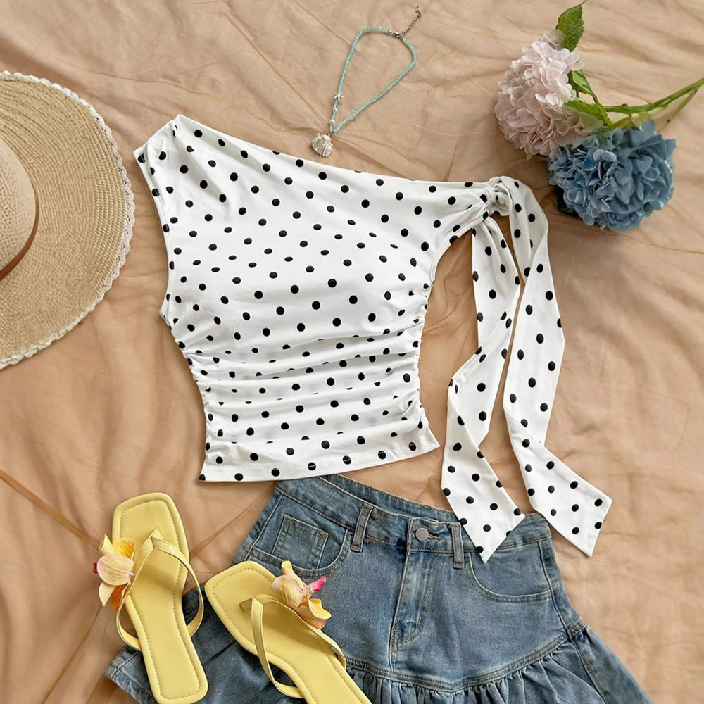 2026 European and American Cross border Summer Foreign Trade Style Wave Point Asymmetric Collar Short Tank Top Speed TEMU Versatile Strap Top