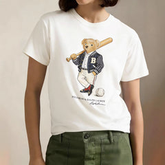 European and American Cross border 2026 Summer Cross border Women's Fashion New Casual Bear Printed Round Neck T-shirt Short Sleeve Top
