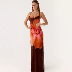 2026 New Cross border Women's Fashion Strap Hanging Neck Printed Waist slimming Trendy Dress Long Skirt from Europe and America