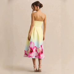 2026 new cross-border women's goose yellow strapless gradient printed A-line dress with waist cinching and large swing in Europe and America