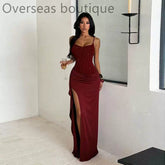 Split party dress for women with suspender texture and split party dress