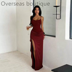 Split party dress for women with suspender texture and split party dress