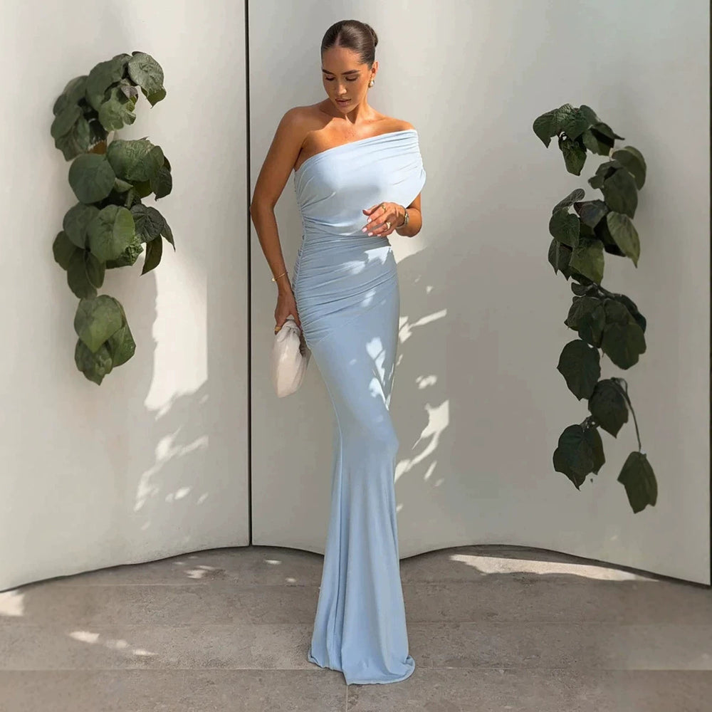 2026 New Cross border Women's Clothing French Gentle Style Single Shoulder Slant Shoulder Folded Waist Fish Tail Holiday Dress from Europe and America