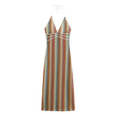 2026 New Cross border Women's Vacation Spicy Girl Style Retro Color Striped Hanging Neck Deep V-Bag Hip Dress from Europe and America