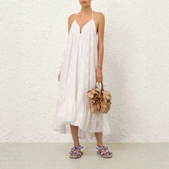 2026 new cross-border women's white flowing camisole vacation V-neck sleeveless wide truffle back jumpsuit dress from Europe and America
