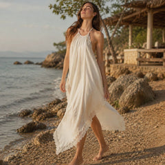 2026 New Cross border Women's Wear White Strap Beach Vacation Beach Skirt Sleeveless Lace Dress from Europe and America