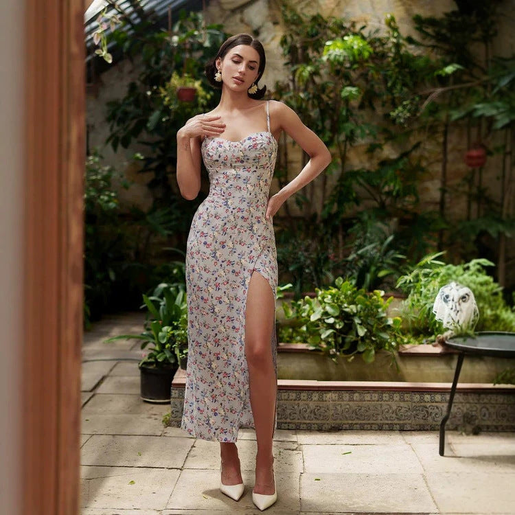 European and American 2026 new cross-border women's sexy slim fit slit sweet and spicy style high waisted sleeveless printed suspender dress