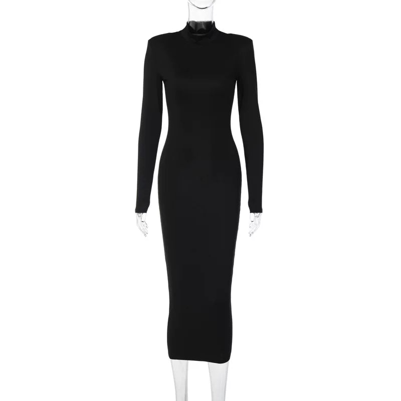 Solid Fit High Neck Long Sleeve Dress Solid Color Slimming High Neck Long Sleeve Dress