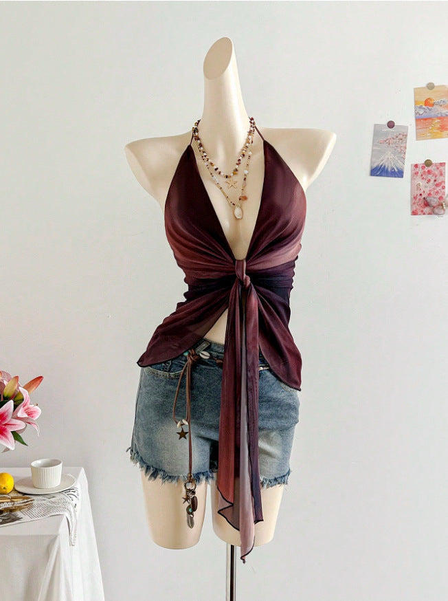 2026 Cross border Summer New Product Fashionable Hanging Neck Printed Ribbon Mesh Strap Tank Top V-neck European and American Explosive Top