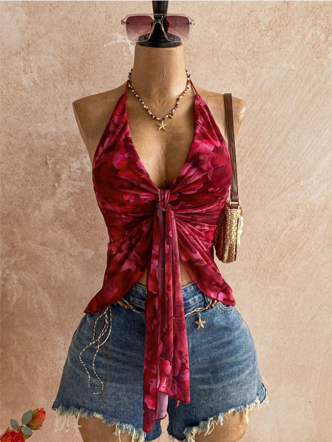 2026 Cross border Summer New Product Fashionable Hanging Neck Printed Ribbon Mesh Strap Tank Top V-neck European and American Explosive Top