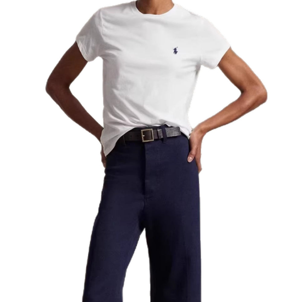European and American Cross border 2026 Summer Cross border Women's Classic Small Horse Emblem Embroidered Round Neck Pure Cotton T-shirt Casual Versatile