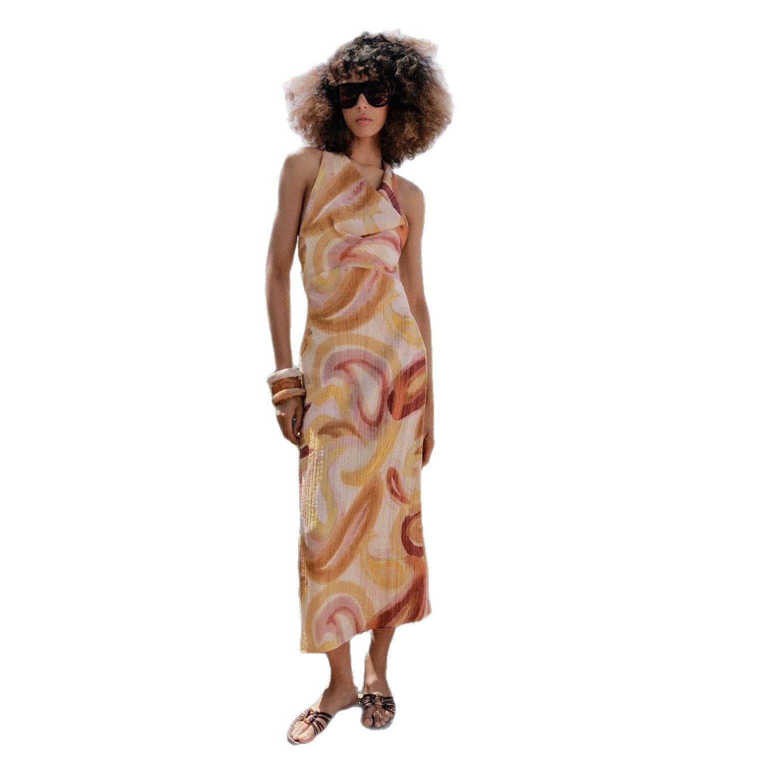 2026 New Cross border Women's Clothing French Retro Printed Hanging Neck Sleeveless Waist Long Vacation Dress from Europe and America
