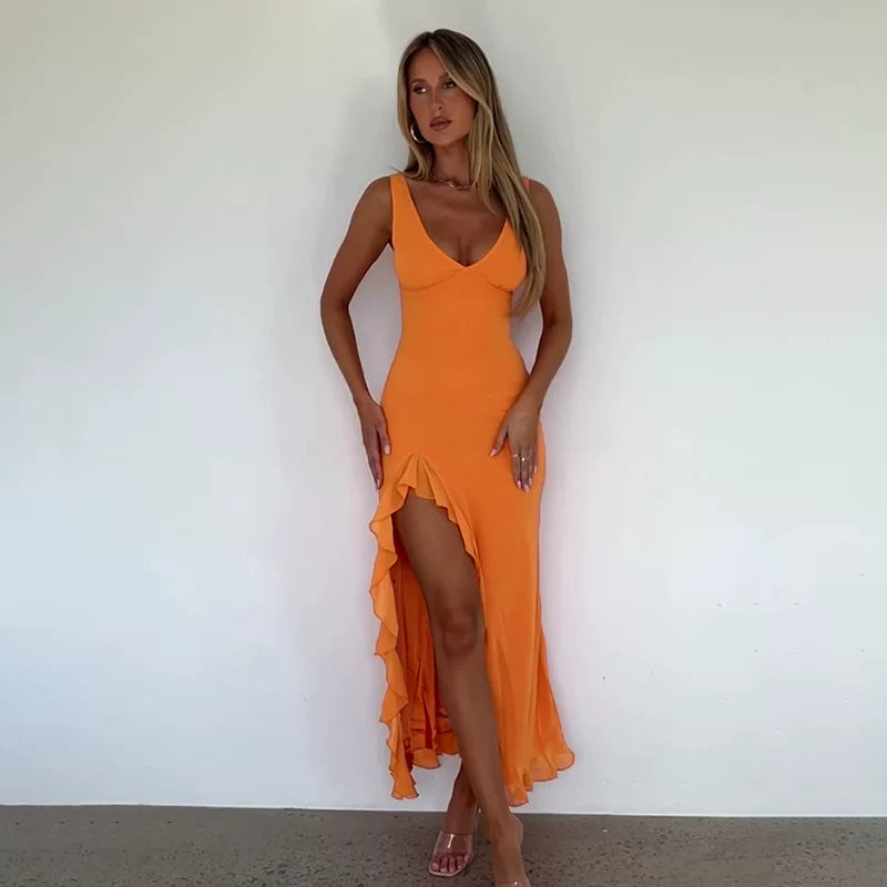 Sling long skirt with slit dress, halter top long skirt collar, ruffle edge slit dress