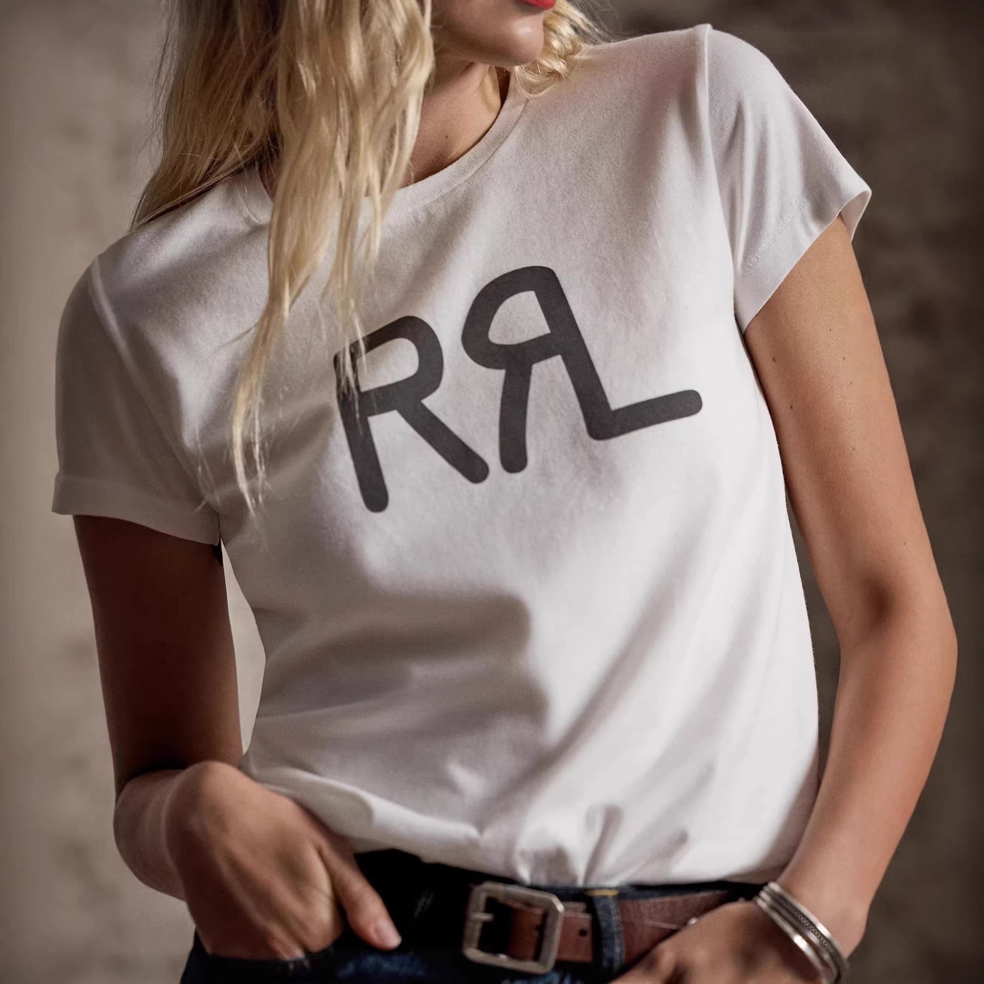 European and American Cross border 2026 Summer Cross border Women's Fashion and Leisure RL Letter Printed Shoulder Round Neck Short sleeved T-shirt