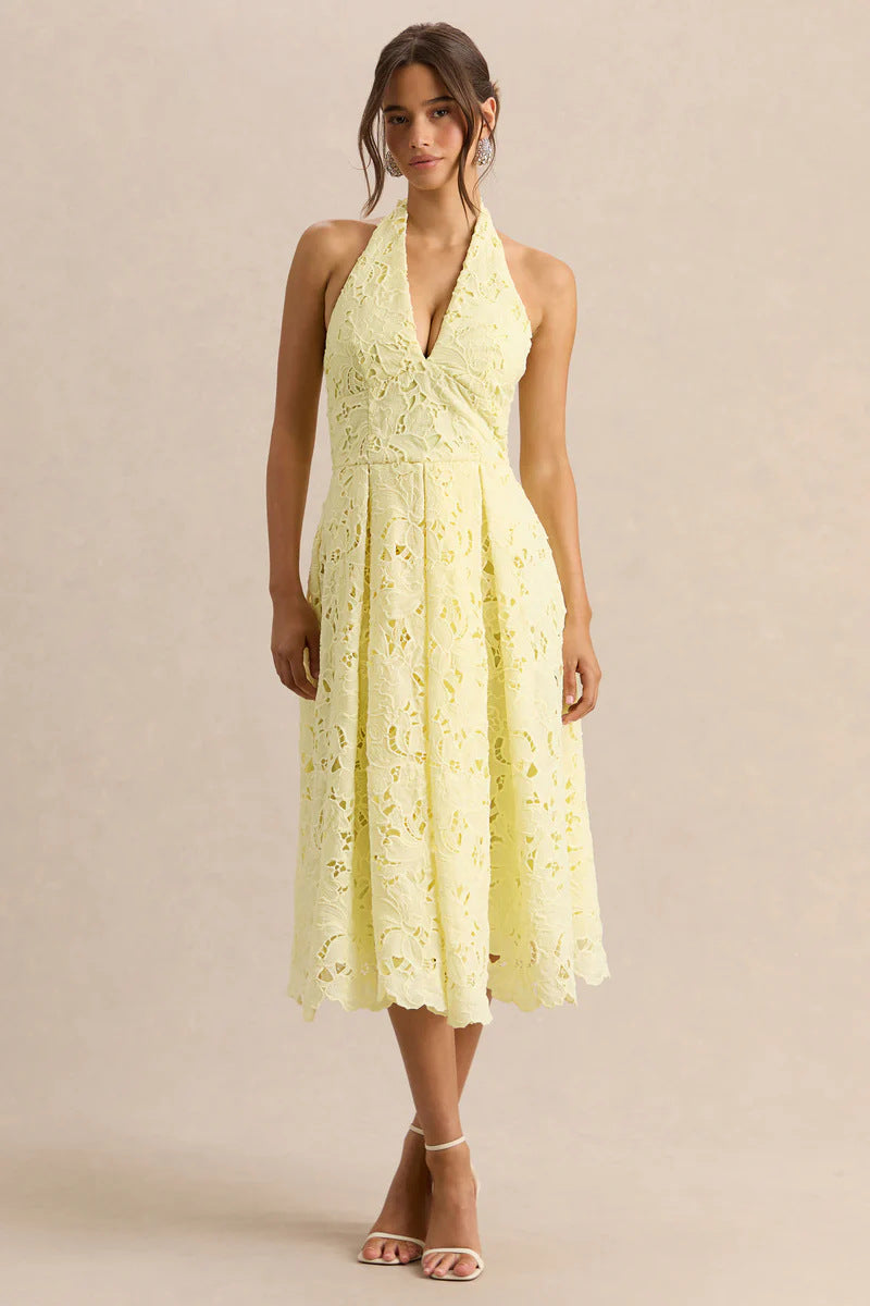 2026 New Cross border Women's Dress from Europe and America, Gentle Vacation Style, Elegant Lace Hanging Neck, V-neck, Waist cinching, Slimming Dress