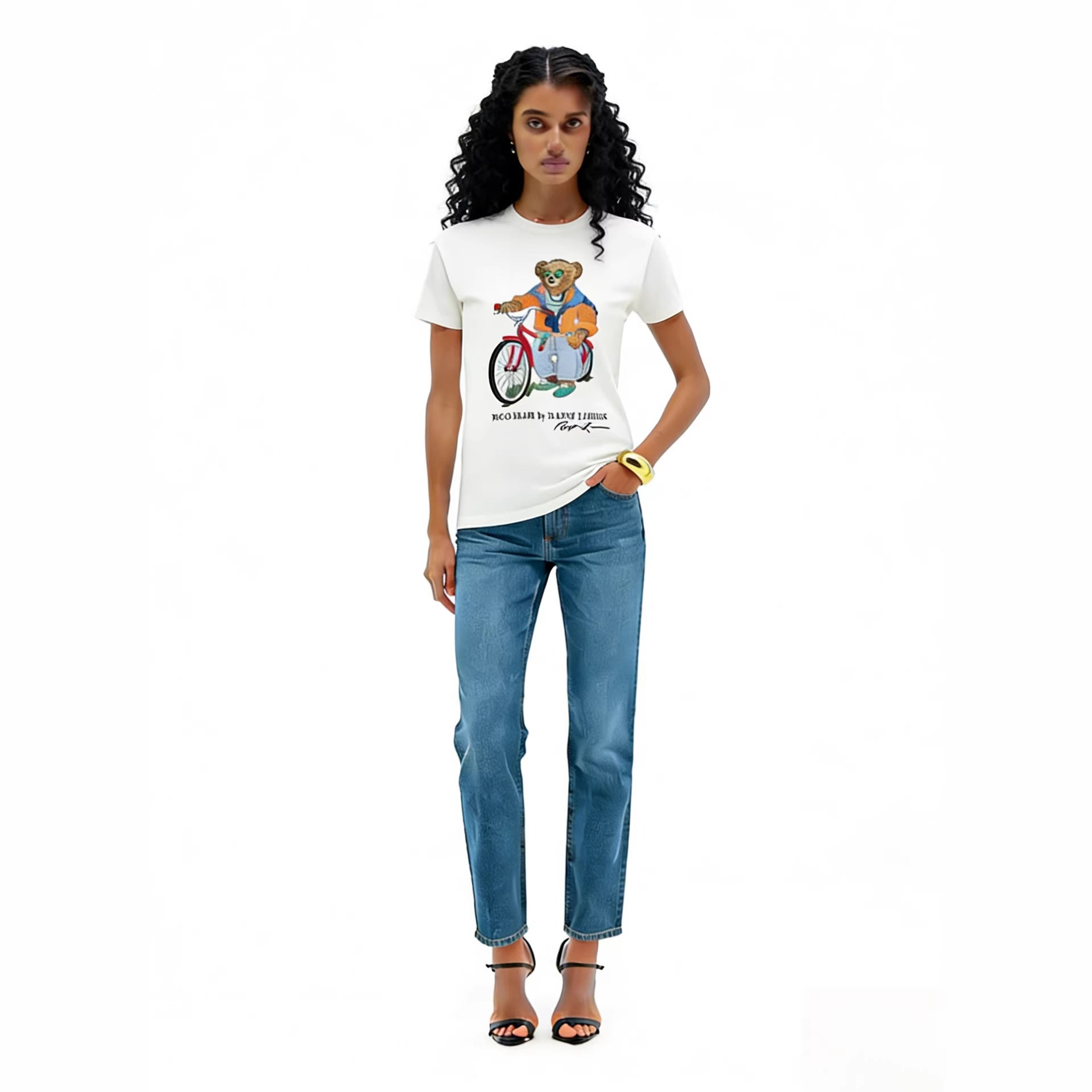 European and American Cross border 2026 Summer Cross border Women's Fashion New Casual Bear Printed Round Neck T-shirt Short Sleeve Top