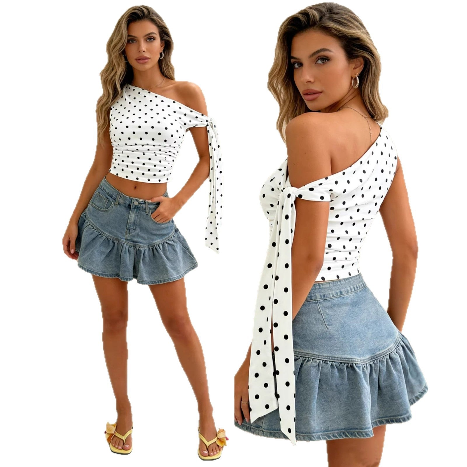 2026 European and American Cross border Summer Foreign Trade Style Wave Point Asymmetric Collar Short Tank Top Speed TEMU Versatile Strap Top