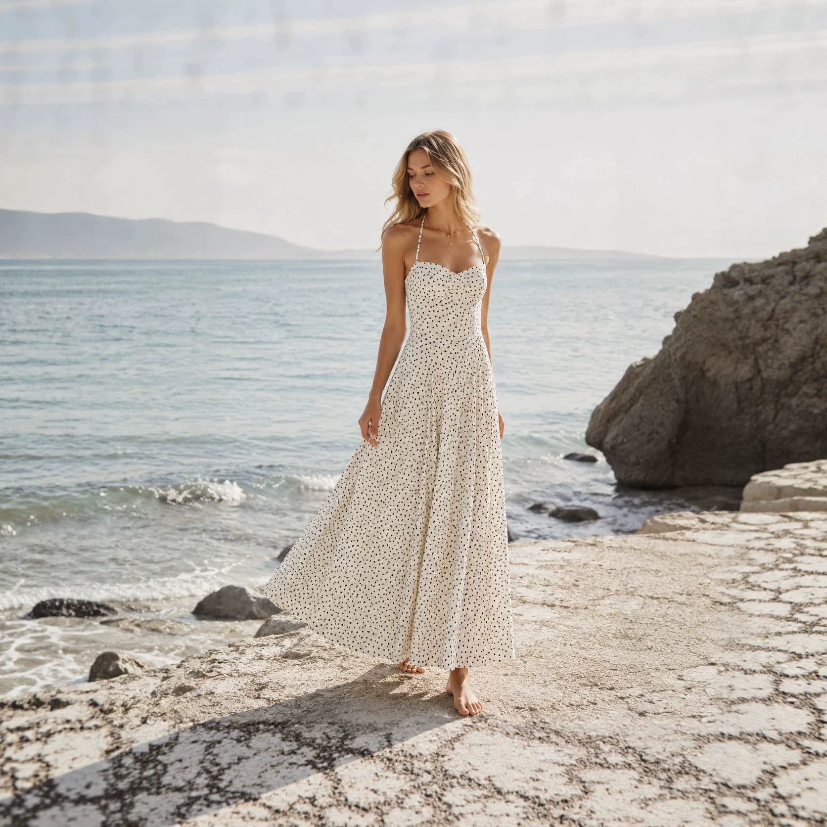 2026 New Cross border Women's Seaside Vacation Style Summer Beach Sleeveless Strap Hanging Neck Polka Dot Dress from Europe and America