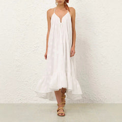 2026 new cross-border women's white flowing camisole vacation V-neck sleeveless wide truffle back jumpsuit dress from Europe and America