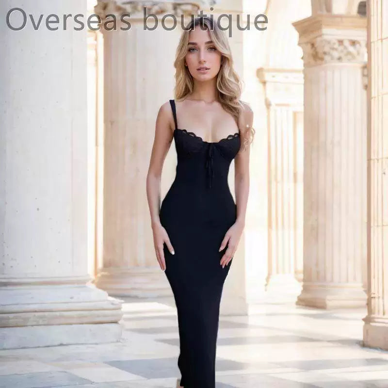 Lace patchwork slit camisole dress slim fit lace patchwork slit suspender dress