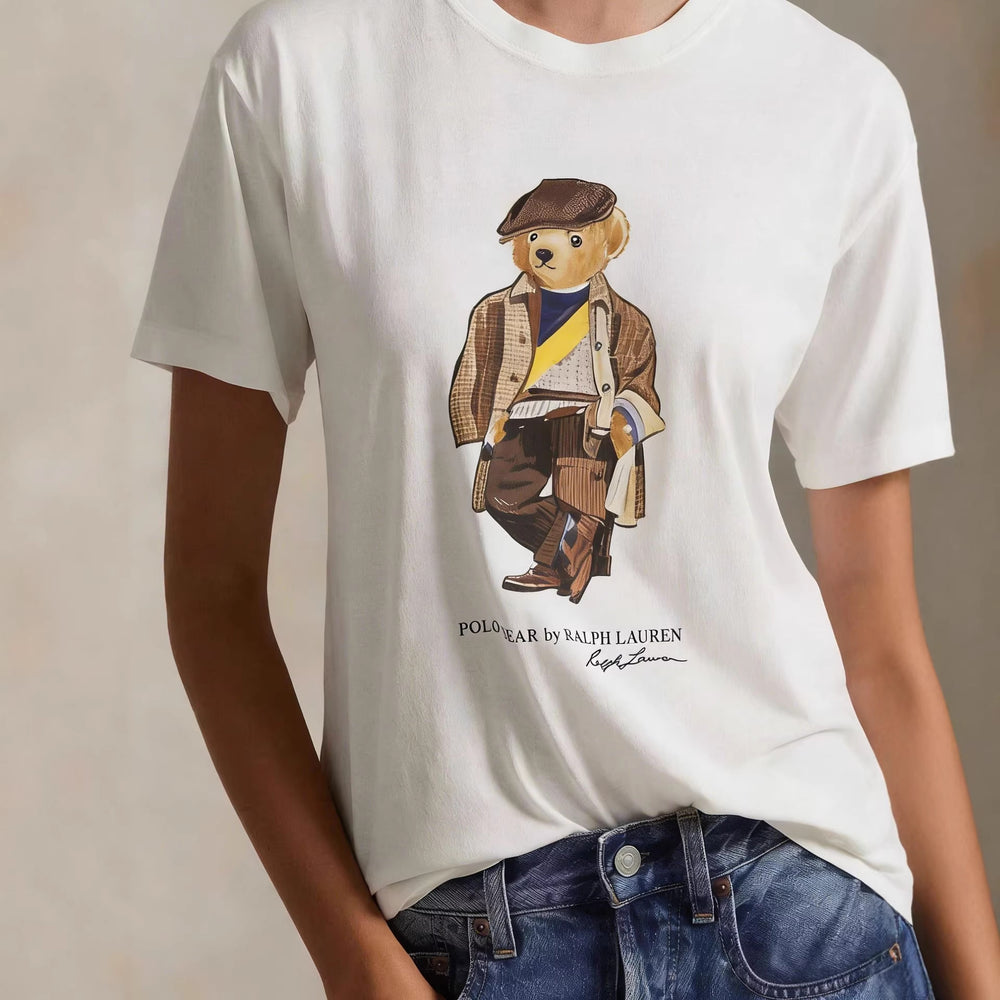 European and American Cross border 2026 Summer Cross border Women's Fashion New Casual Bear Printed Round Neck T-shirt Short Sleeve Top
