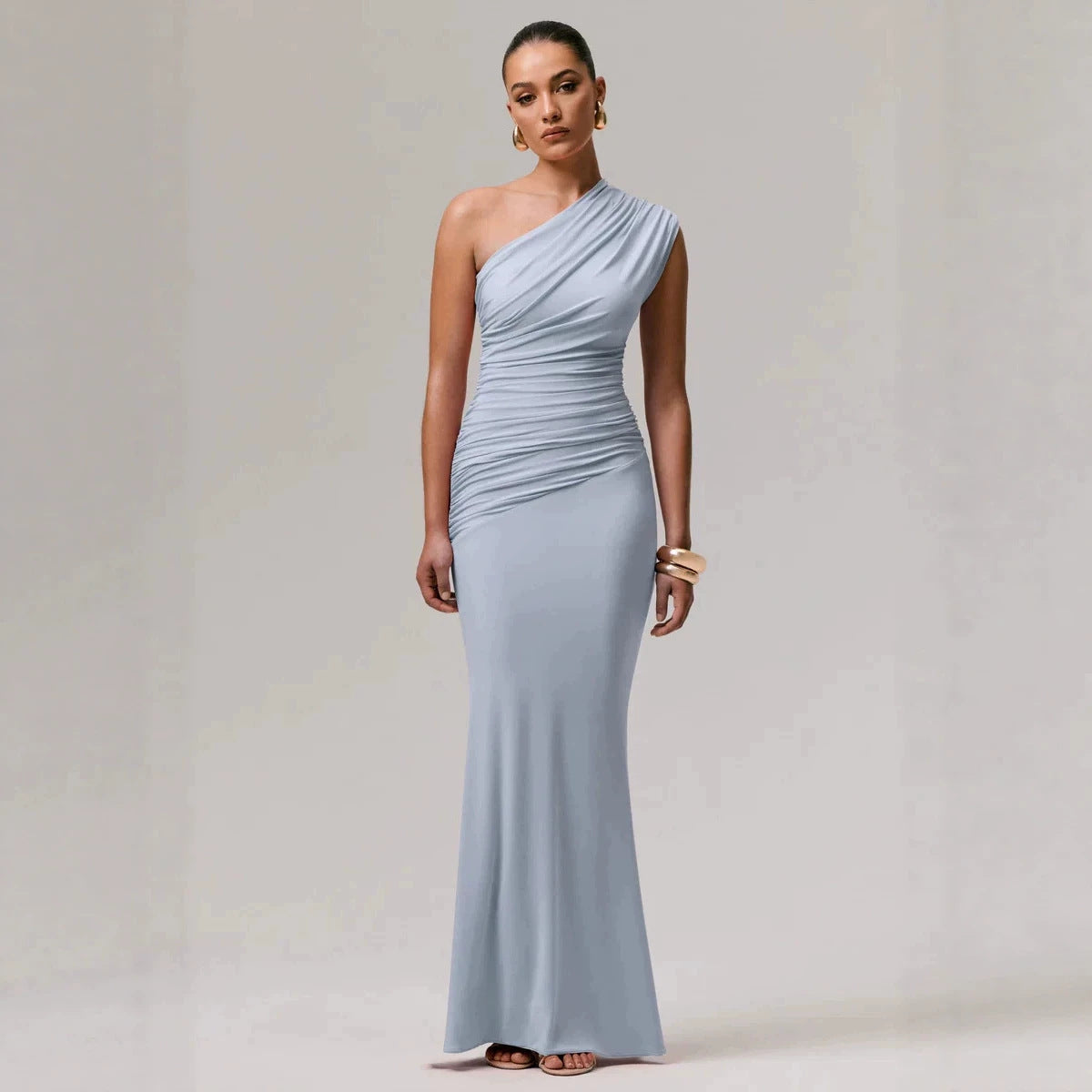 2026 New Cross border Women's Clothing French Gentle Style Single Shoulder Slant Shoulder Folded Waist Fish Tail Holiday Dress from Europe and America