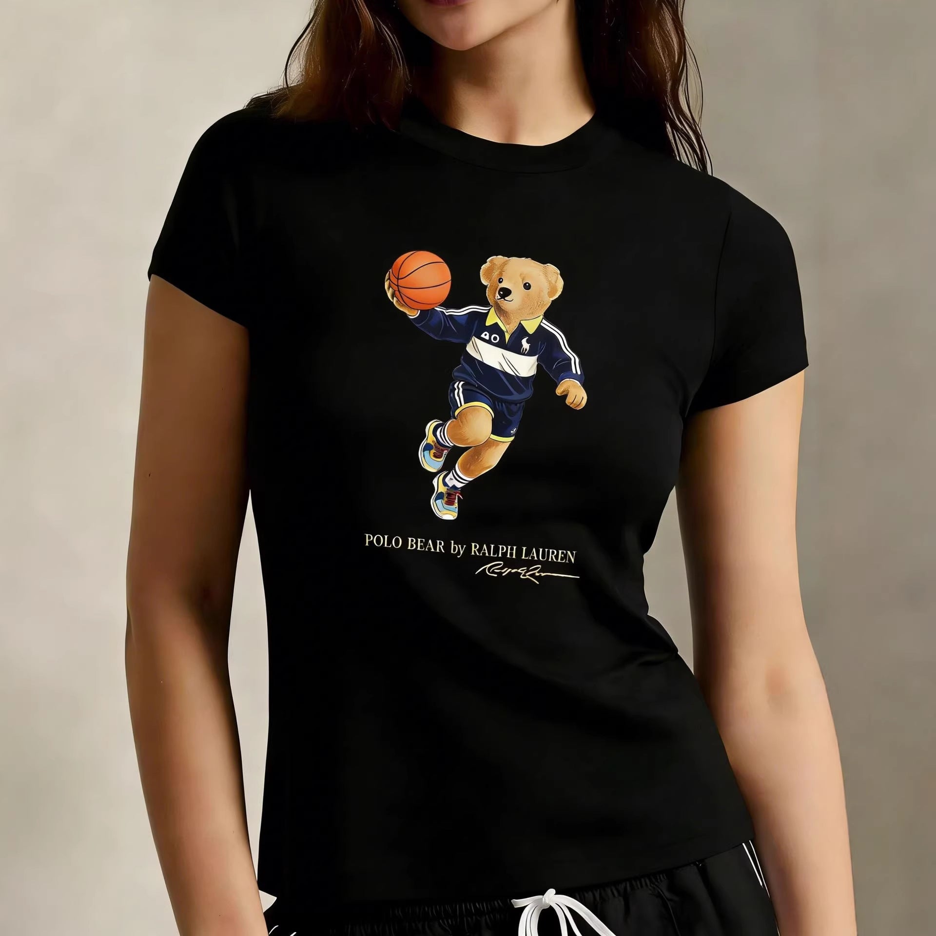 European and American Cross border 2026 Summer Cross border Women's Fashion New Casual Bear Printed Round Neck T-shirt Short Sleeve Top