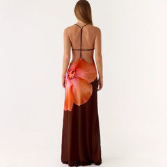 2026 New Cross border Women's Fashion Strap Hanging Neck Printed Waist slimming Trendy Dress Long Skirt from Europe and America