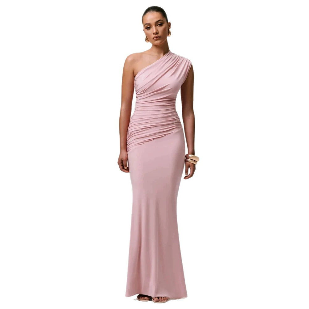 2026 New Cross border Women's Clothing French Gentle Style Single Shoulder Slant Shoulder Folded Waist Fish Tail Holiday Dress from Europe and America