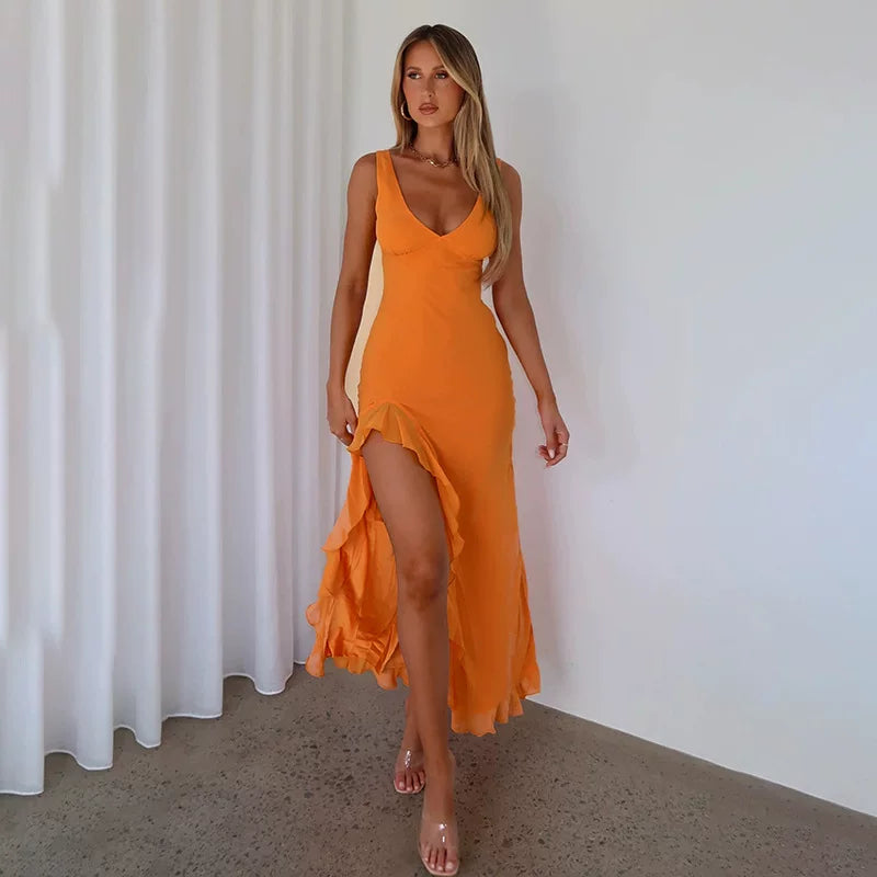 Sling long skirt with slit dress, halter top long skirt collar, ruffle edge slit dress