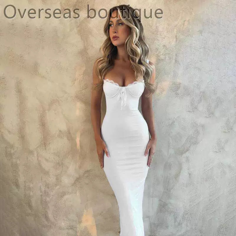 Lace patchwork slit camisole dress slim fit lace patchwork slit suspender dress