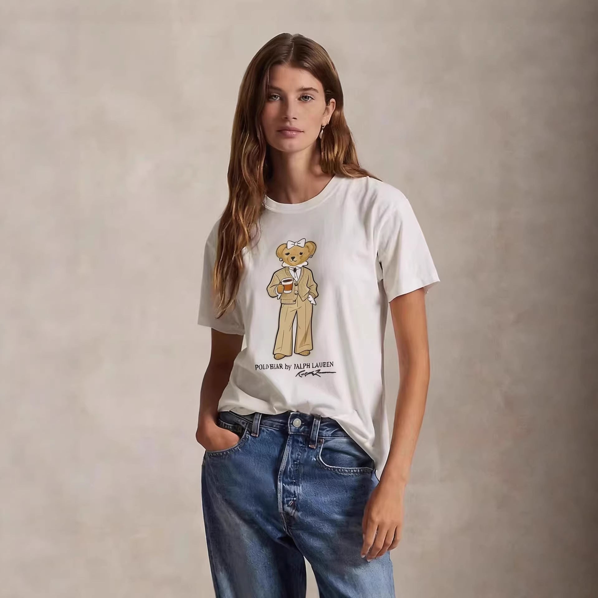 European and American Cross border 2026 Summer Cross border Women's Fashion New Casual Bear Printed Round Neck T-shirt Short Sleeve Top