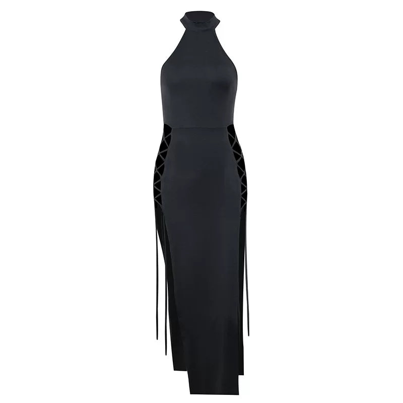 Dress Slim Fit Long Dress Knitted High Neck Sleeveless Hollow Out Dress for Spicy Girls, Slimming Long Dress